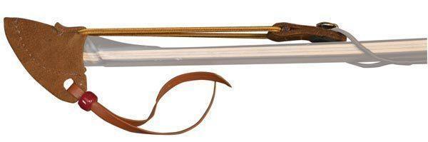 Vista Archery recurve string keeper in brown leather with strap on bow limb