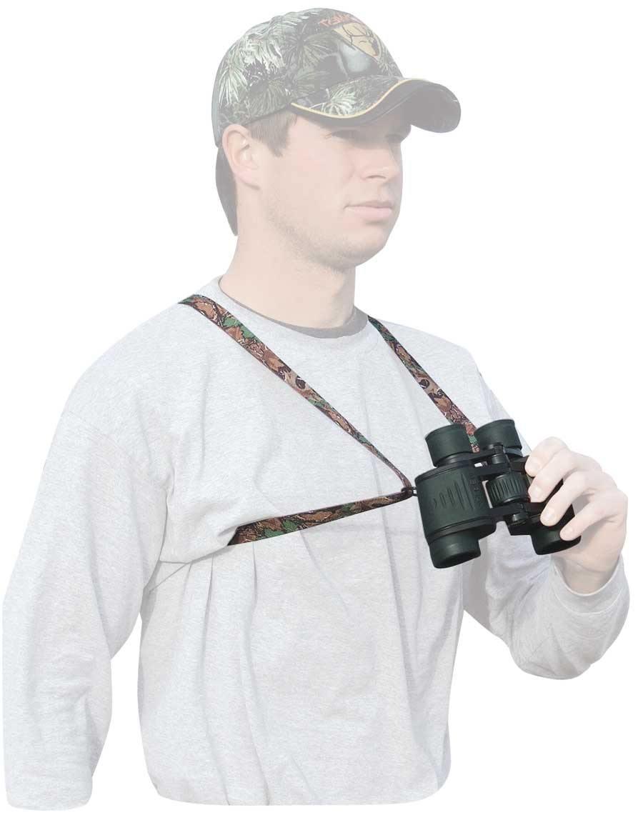 Man wearing camo hat and bino harness, holding binoculars, leapfrog outdoor sports gear
