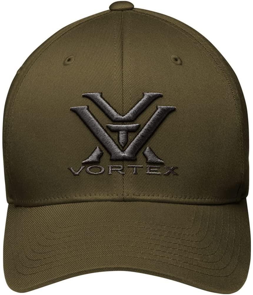 Olive green Vortex Flexfit cap with black embroidered logo and text on front