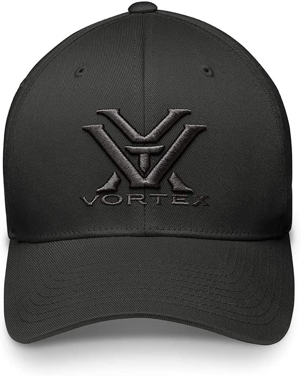 Black Vortex Flexfit cap with embroidered logo, outdoor sports apparel hat