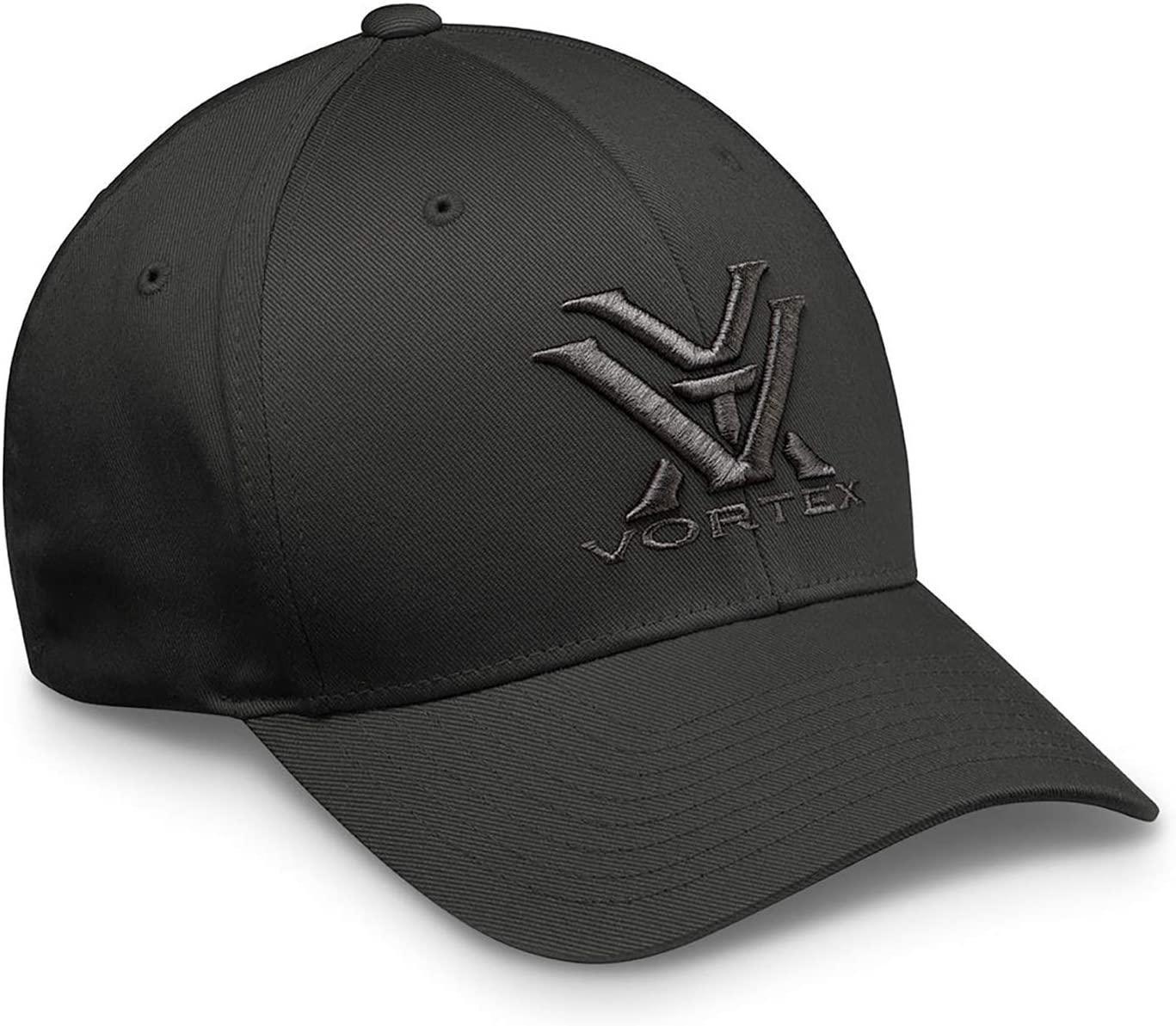 Black Vortex Flexfit cap with embroidered Vortex logo, curved brim, outdoor sports hat