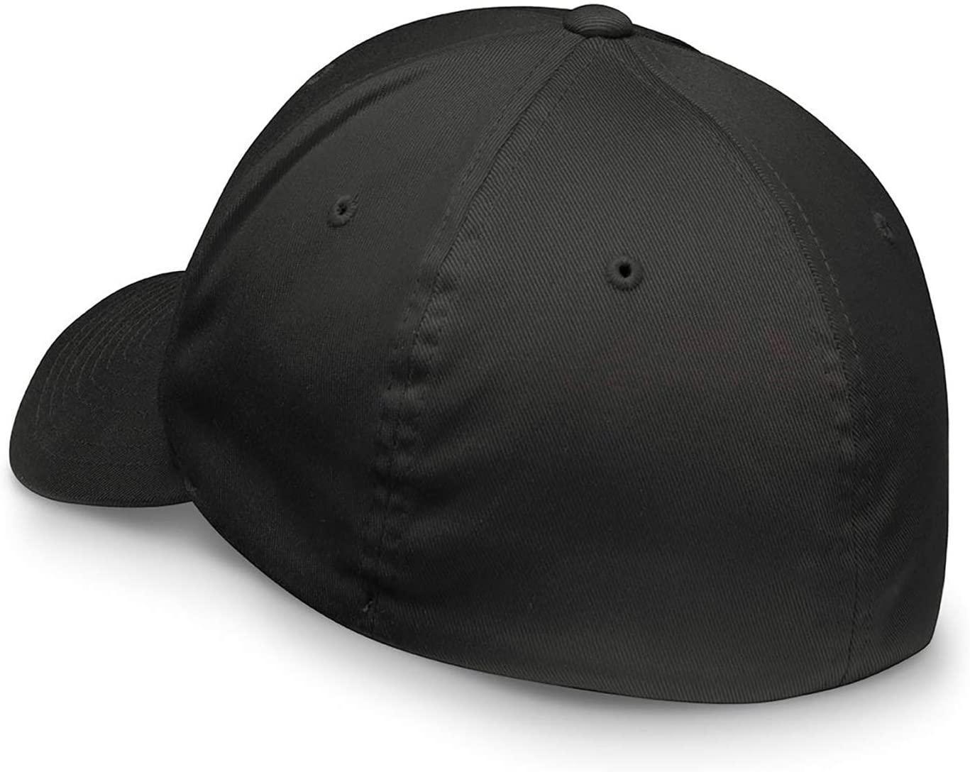 Black Vortex Flexfit cap with curved brim, rear view on white background