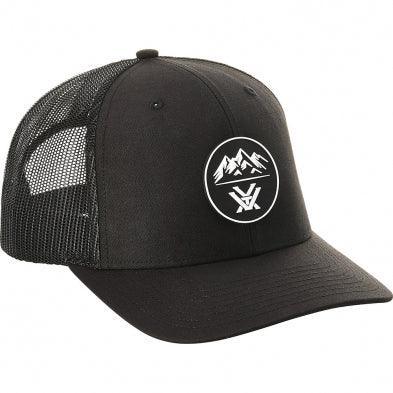 Black Vortex Three Peaks mesh trucker cap with mountain logo on front panel