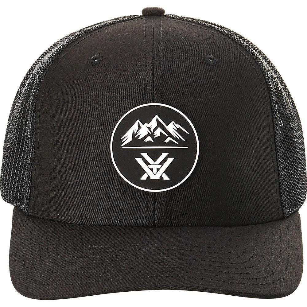 Black Vortex Three Peaks cap with mountain logo, mesh back, outdoor apparel