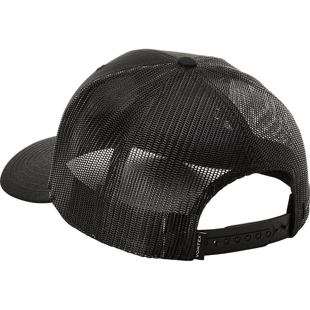 Back view of black mesh Vortex trucker cap with adjustable snap closure