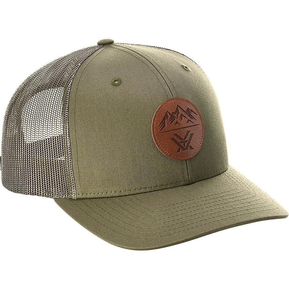 Olive green mesh trucker cap with brown leather patch and mountain logo on front