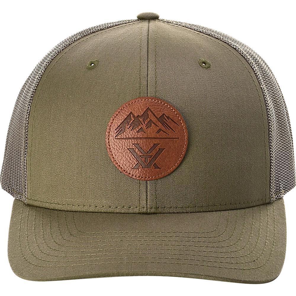 Olive green Vortex cap with brown leather patch featuring mountain logo, mesh back