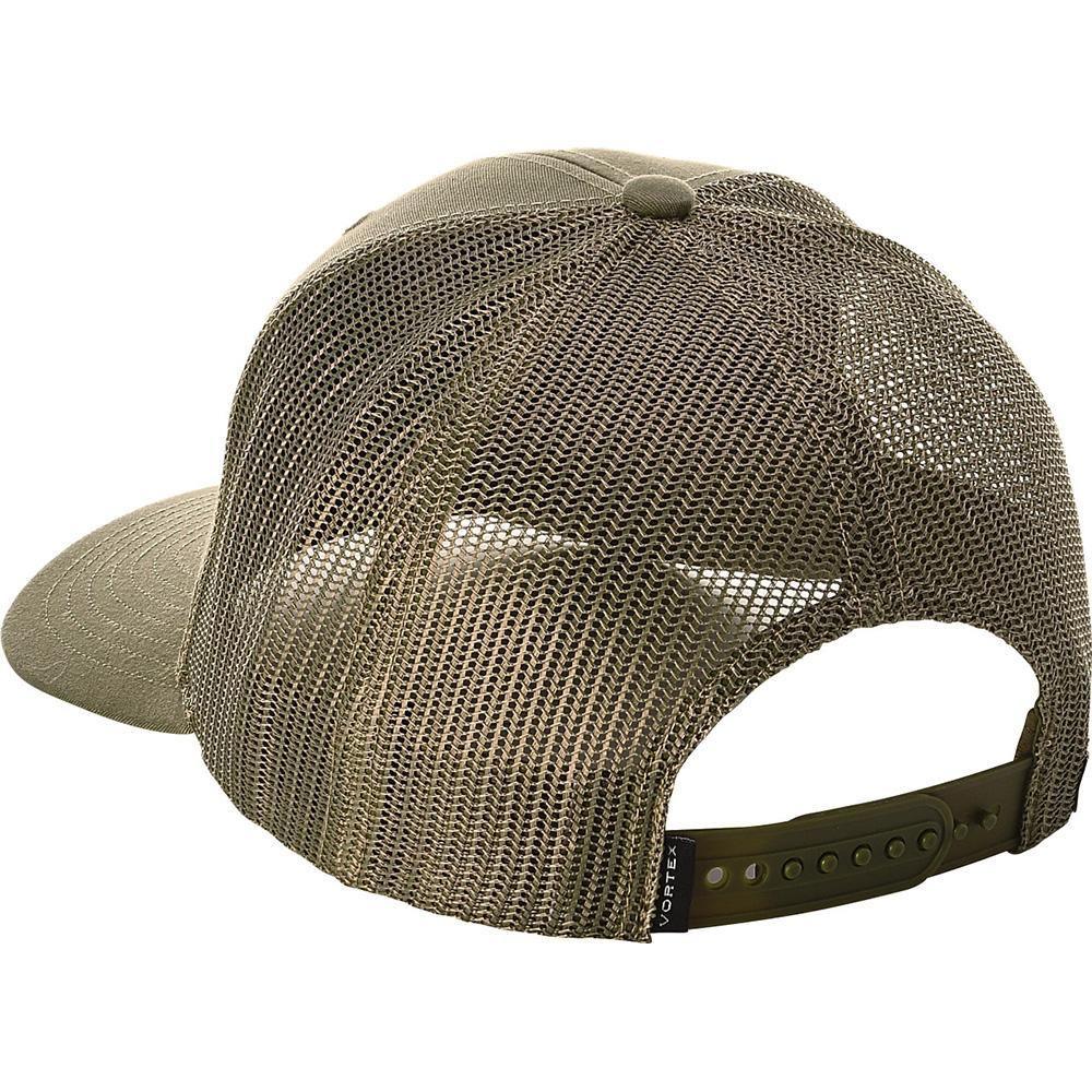 Olive green mesh back trucker cap with adjustable snap closure and Vortex tag