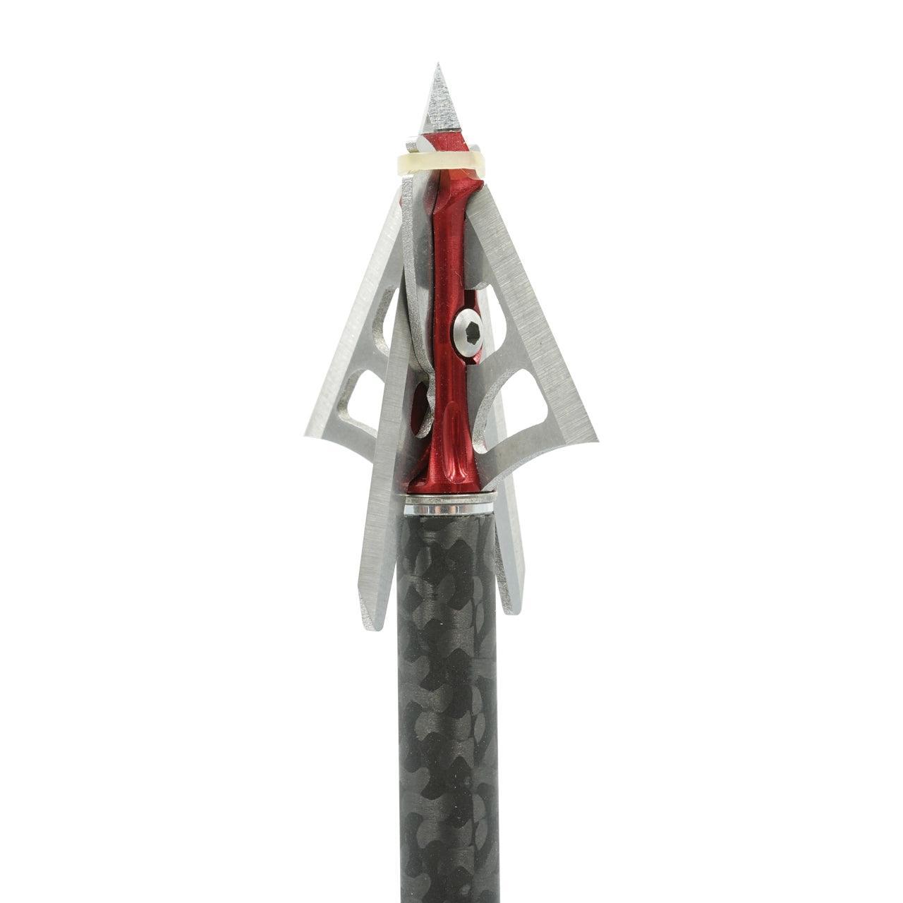 Steel 4-blade hybrid broadhead for archery with red and silver detailing on white background