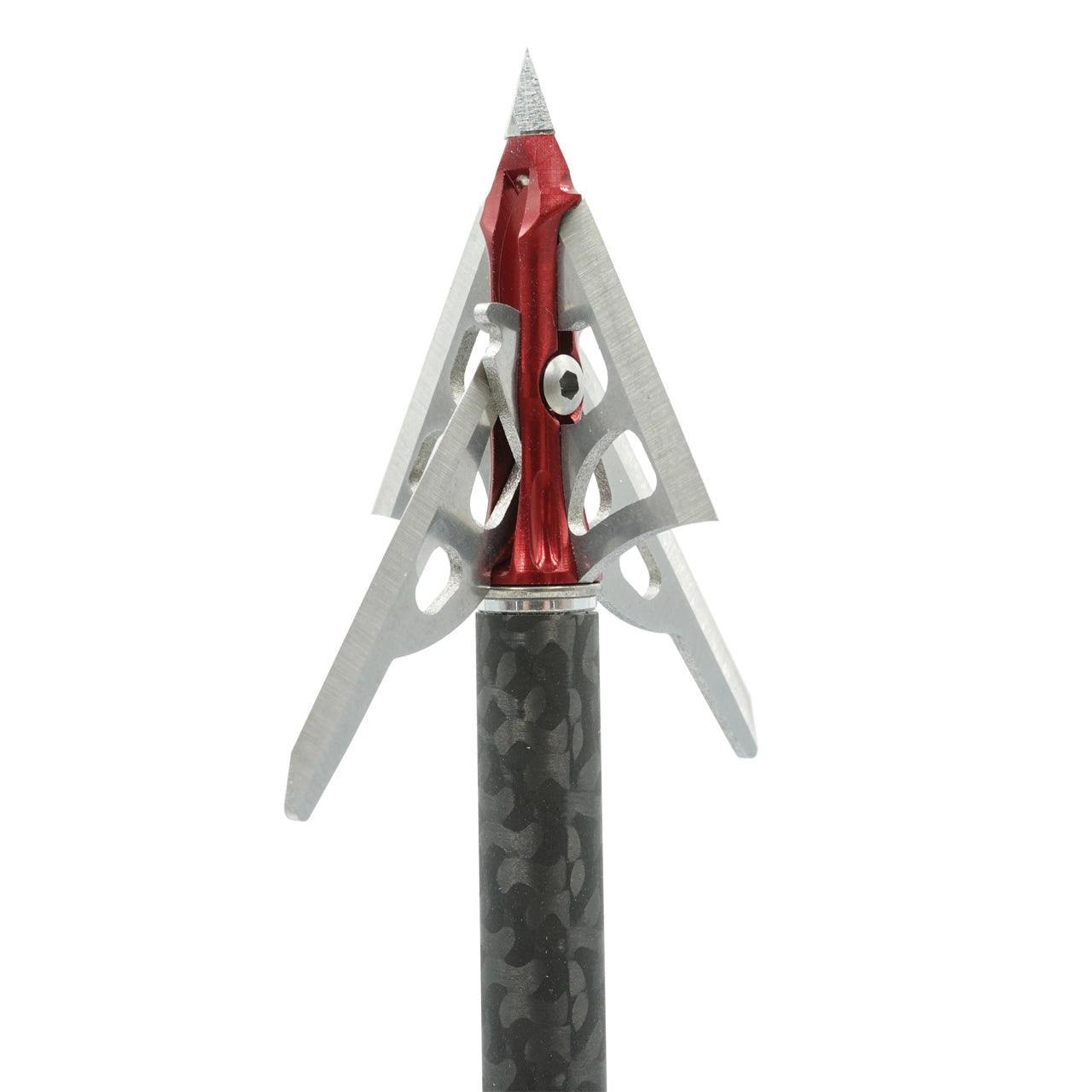 Steel SlipCam hybrid 4-blade archery broadhead with red and silver design