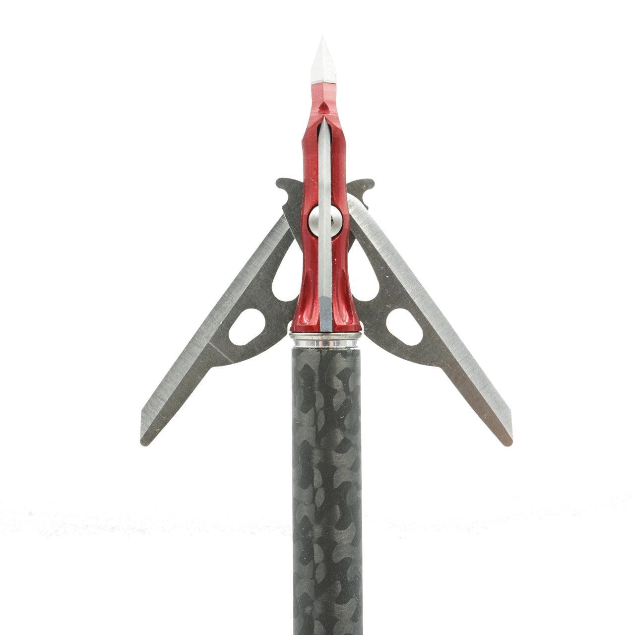 Steel slipcam hybrid 4-blade archery broadhead with red and silver components