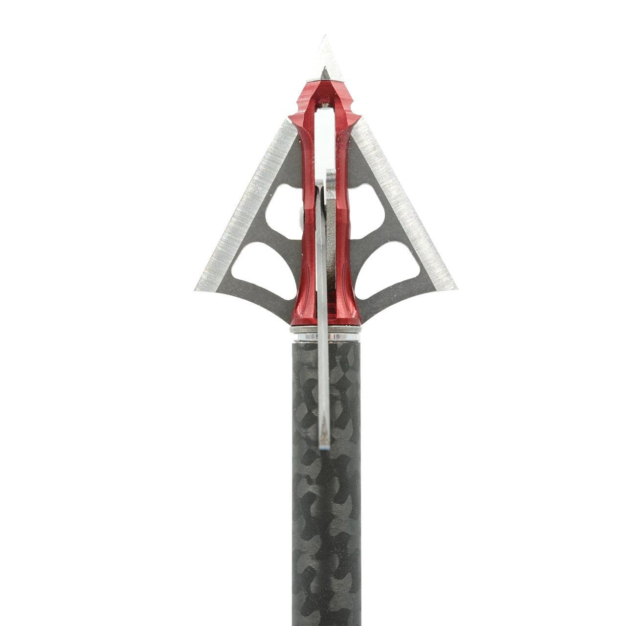 Archery steel slipcam hybrid 4-blade broadhead with red and silver blades on camo shaft