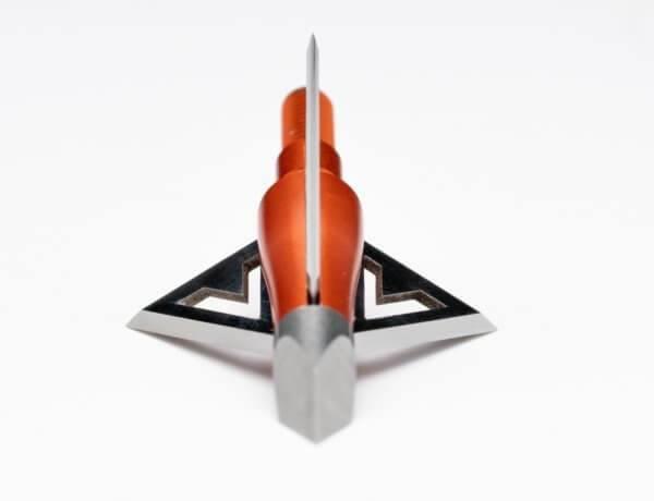 Wasp Archery Havalon HV broadhead with orange ferrule and sharp metal blades on white background