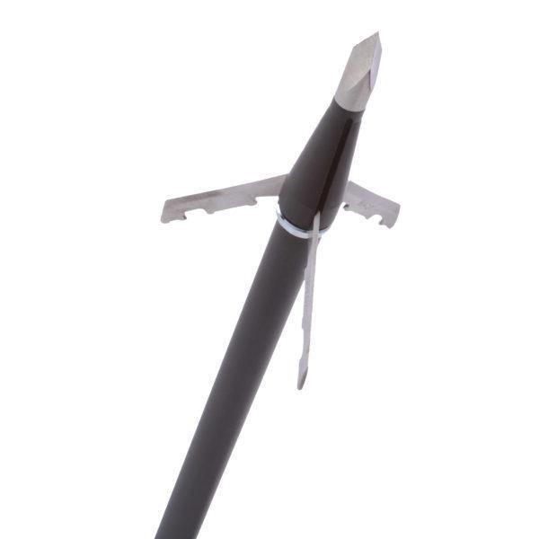 Wasp Archery Jak-Hammer 1-3/4 inch broadhead with sharp mechanical blades on arrow shaft