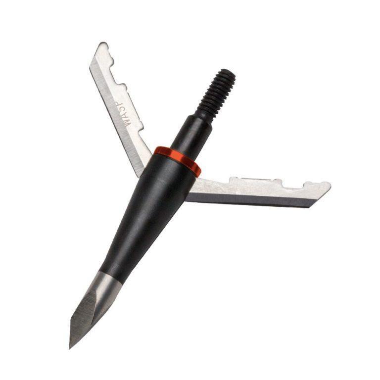 Wasp Archery Jak-Knife broadhead with two open stainless steel blades on white background
