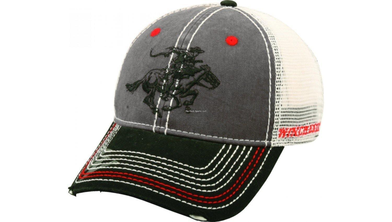 Winchester mesh back low crown logo cap in charcoal, black, and white with red accents