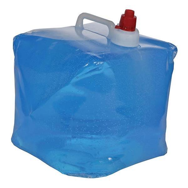 Blue collapsible 14L water carrier with handle and red spout for outdoor camping use