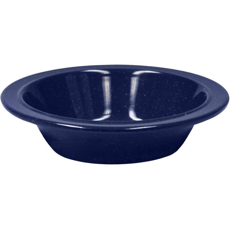 Blue melamine bowl with wide rim and glossy finish on white background