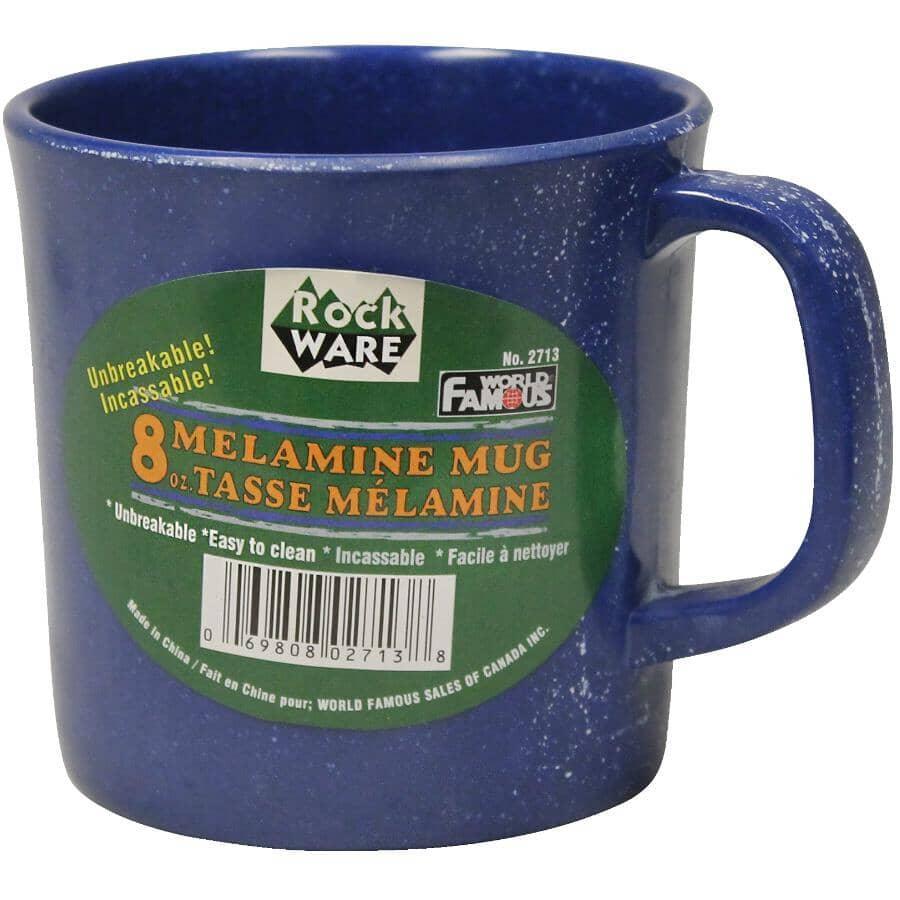 Blue melamine 8oz mug with Rock Ware branding and unbreakable label