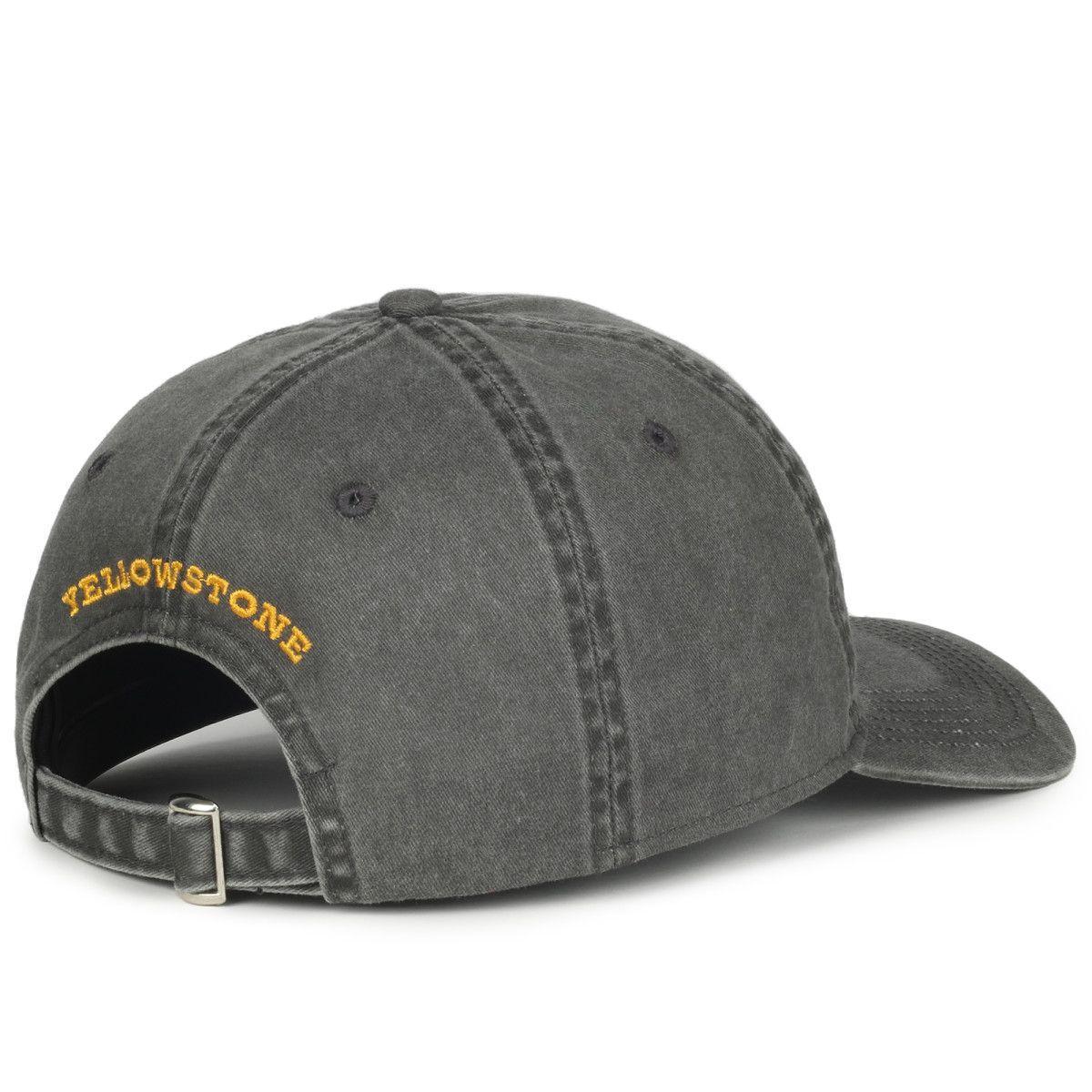 Back view of black Wrangler x Yellowstone logo cap with yellow embroidery and buckle strap