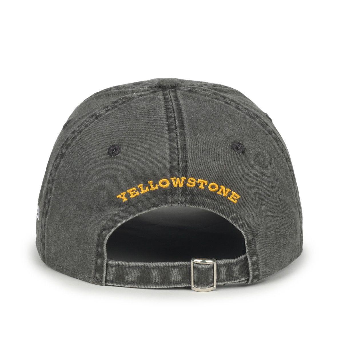 Back view of black Wrangler Yellowstone logo cap with yellow embroidery and adjustable strap