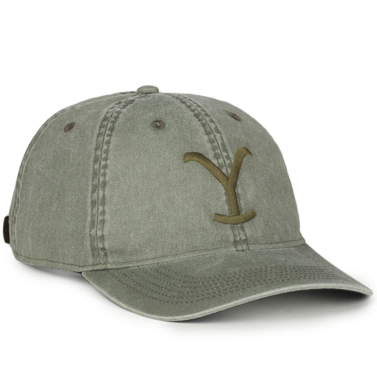 Olive Wrangler x Yellowstone stitched cap with brown Y logo, curved brim, six-panel design