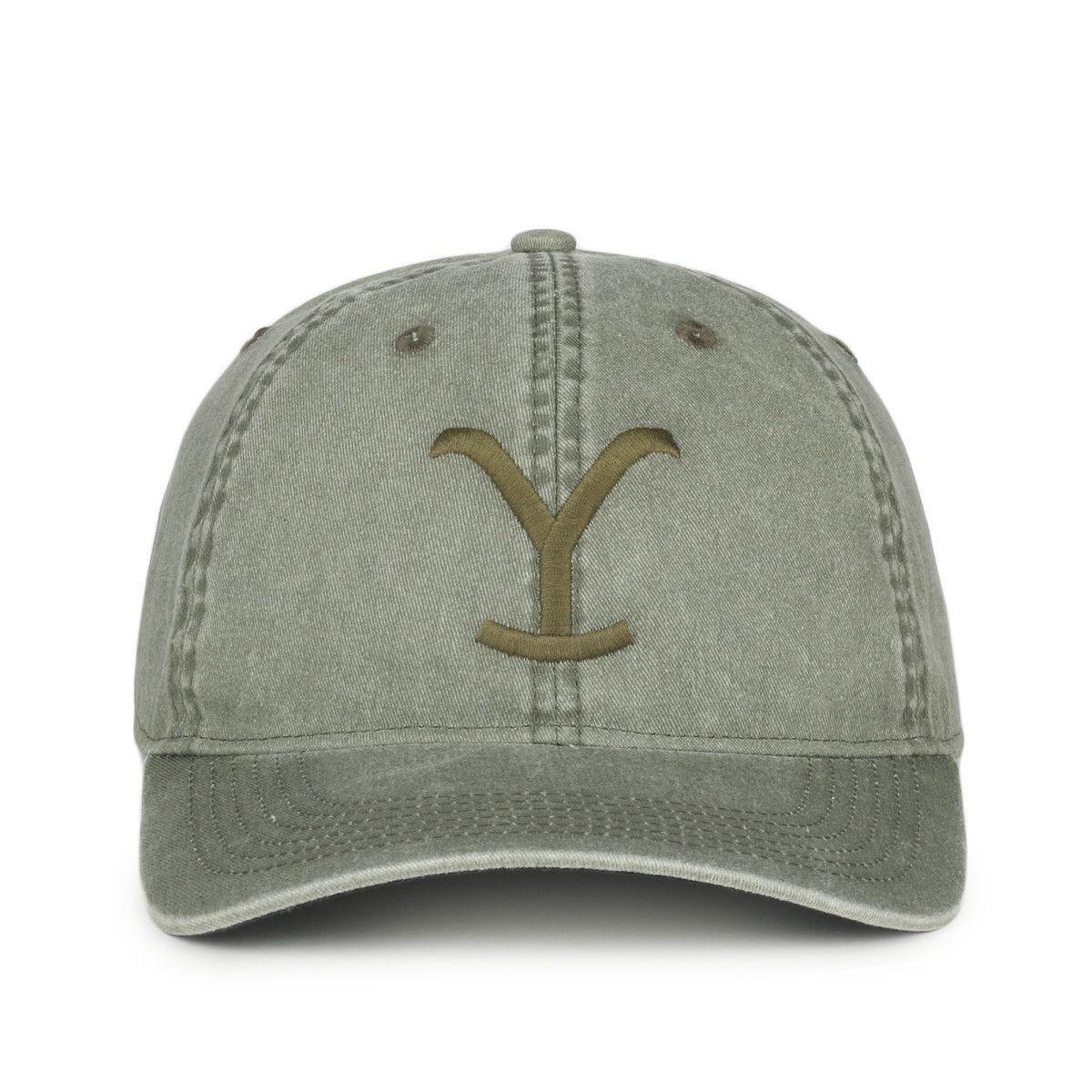 Olive green Wrangler x Yellowstone stitched baseball cap with Y logo, front view