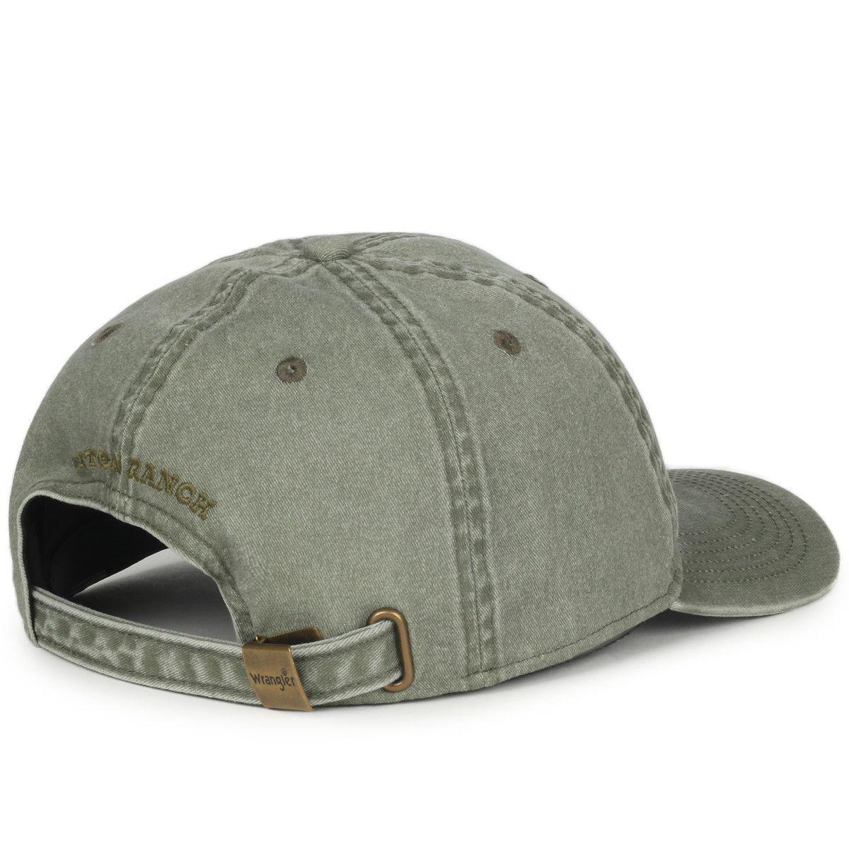 Olive green Wrangler x Yellowstone stitched cap, adjustable strap, back view