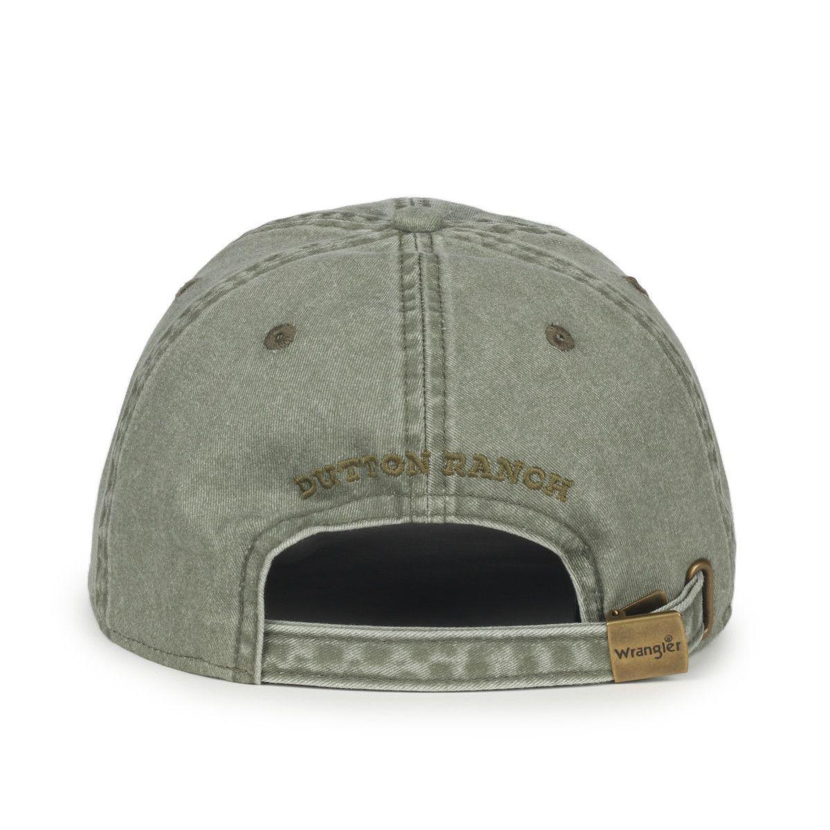 Back view of Wrangler x Yellowstone Dutton Ranch stitched green baseball cap