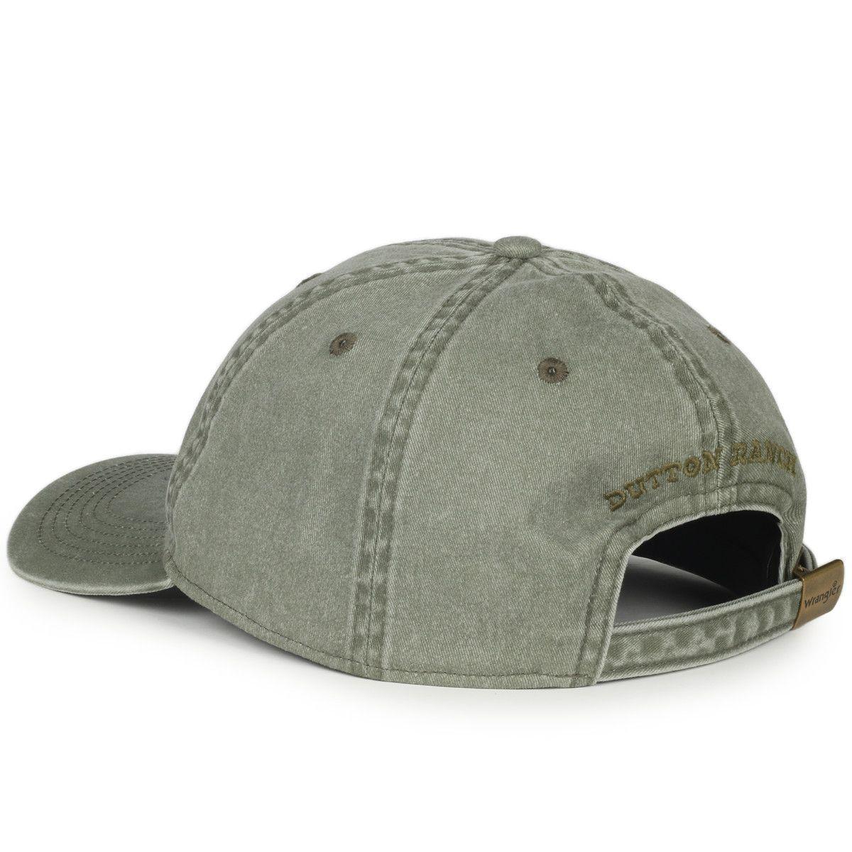 Olive green Wrangler x Yellowstone stitched cap with Dutton Ranch embroidery, adjustable back
