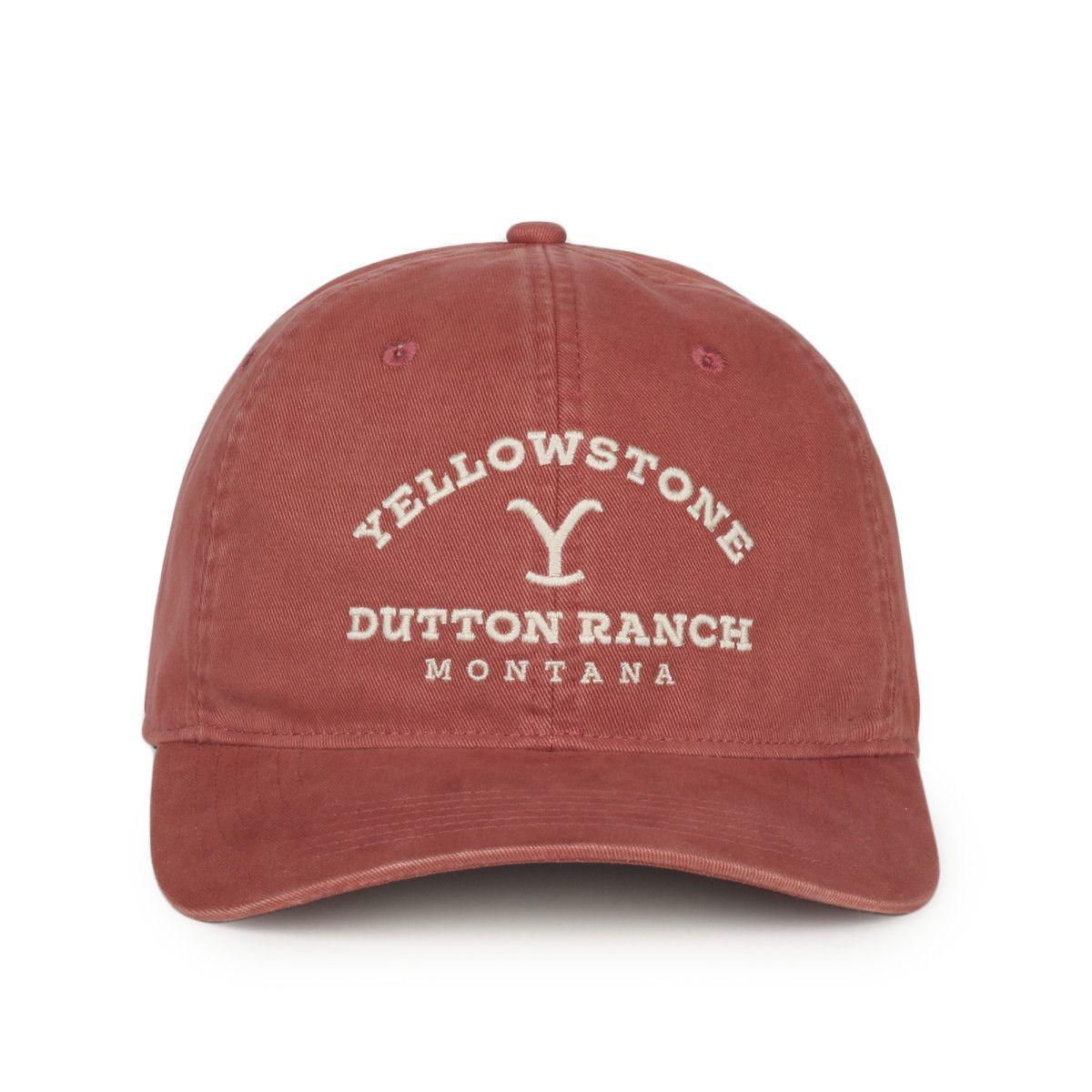 Red Yellowstone Dutton Ranch Montana logo cap with white embroidered text and symbol