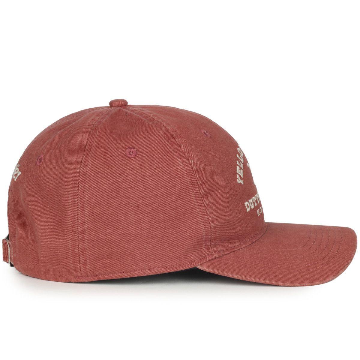 Wrangler Yellowstone Dutton Ranch Montana logo cap in faded red, side view.