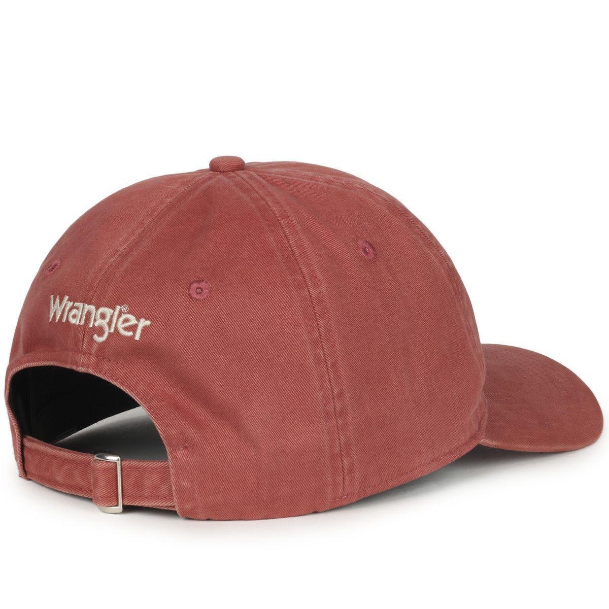 Wrangler logo embroidered red cap with adjustable strap, back view
