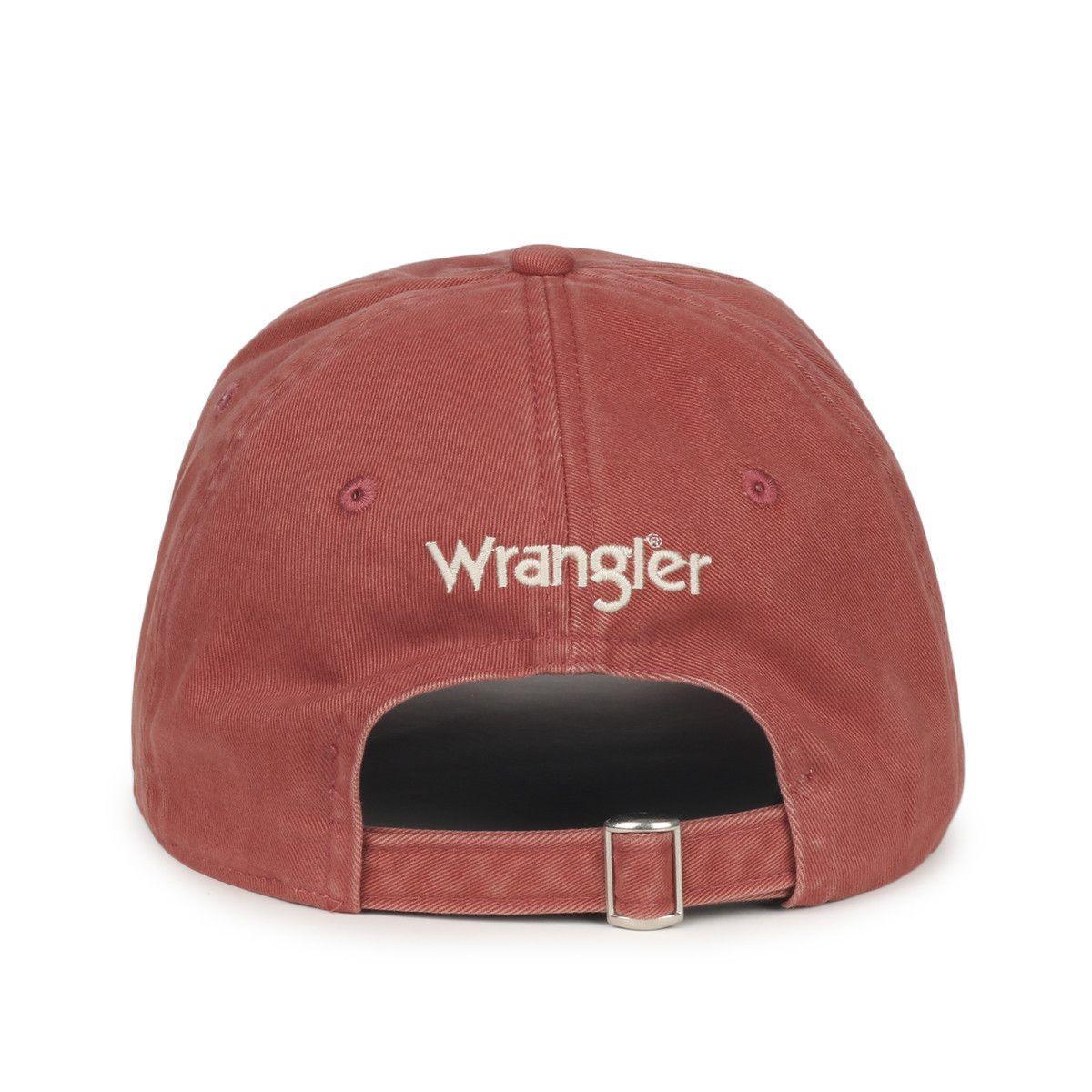 Back view of red Wrangler cap with embroidered logo and adjustable strap