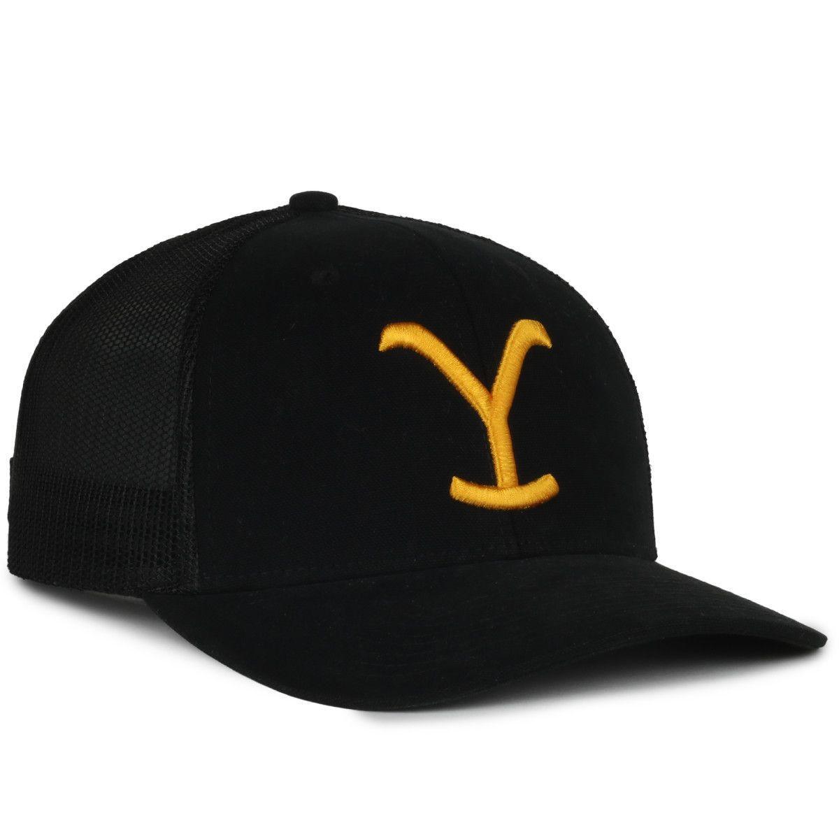 Black mesh trucker cap with yellow Y logo embroidery on front, Yellowstone style hat