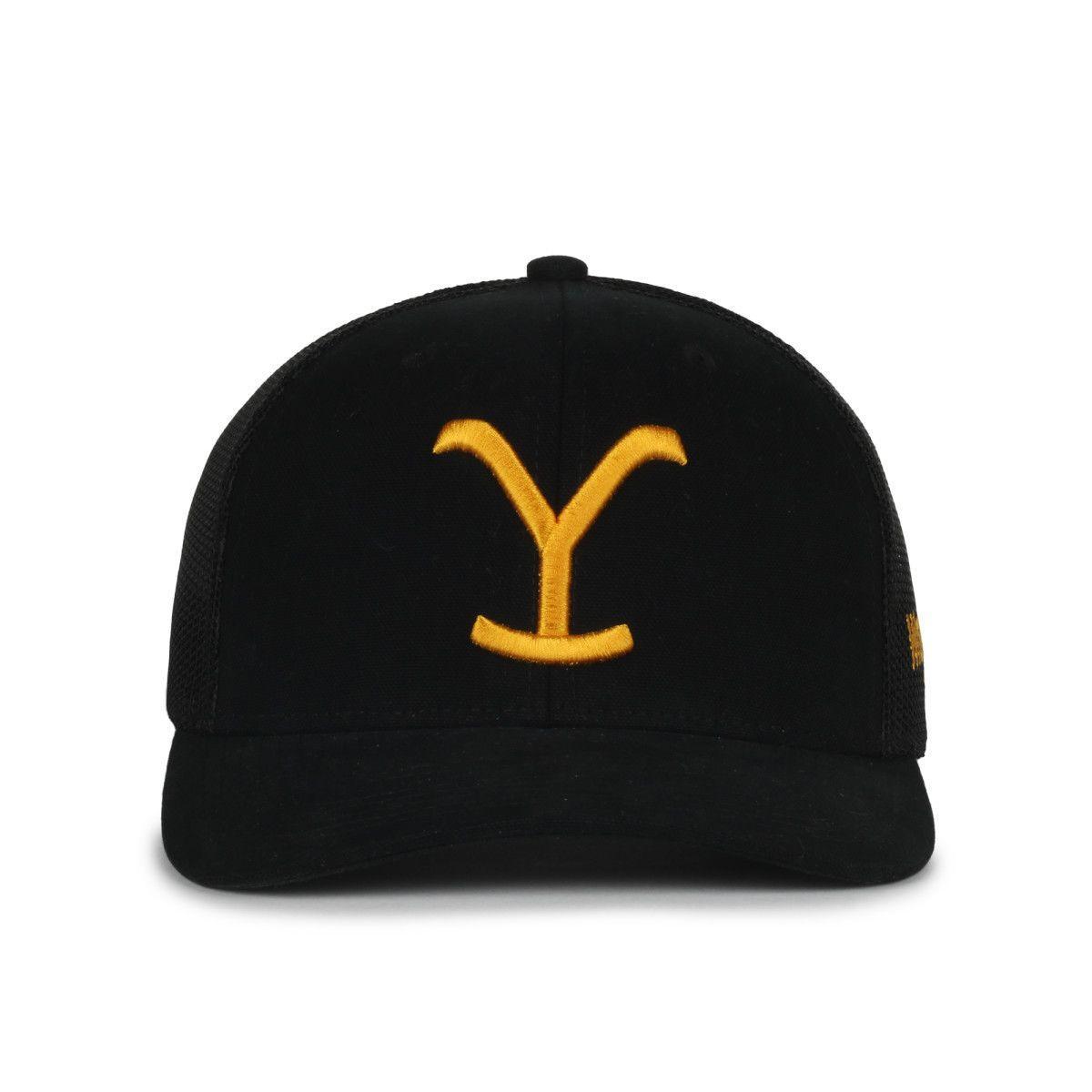 Black Wrangler Yellowstone cap with yellow Y logo, mesh back, front view