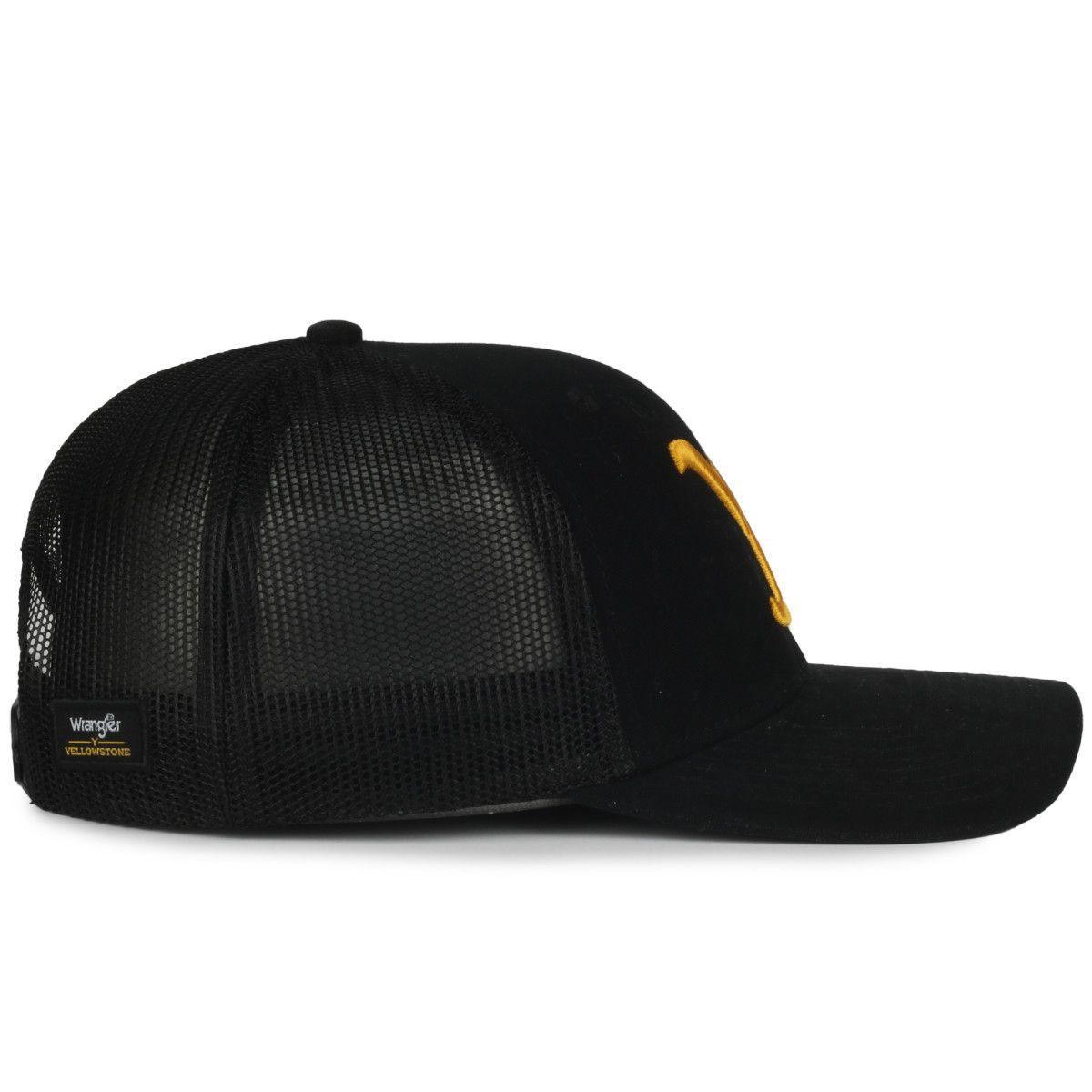 Black Wrangler Yellowstone mesh trucker cap with yellow Y logo on the front