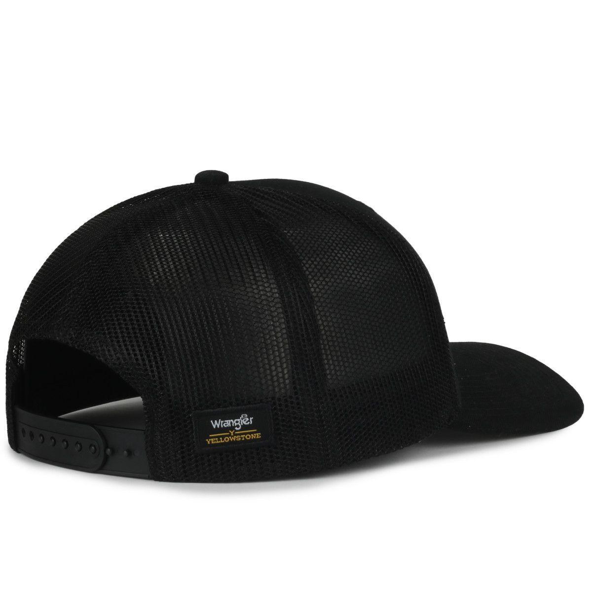 Black mesh Wrangler Yellowstone cap with adjustable snapback and logo tag on the back