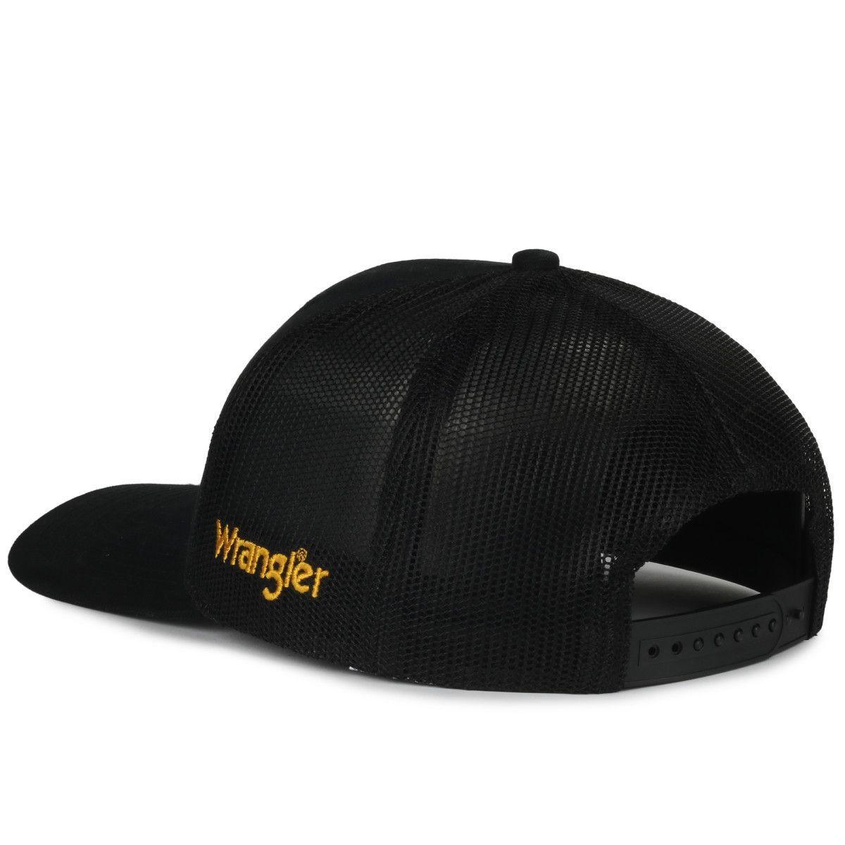 Black mesh Wrangler cap with yellow embroidered logo and adjustable snapback