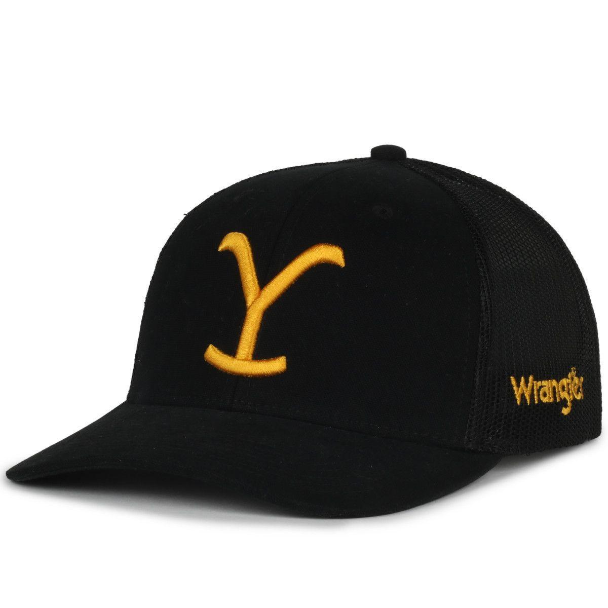 Black Wrangler cap with yellow Y logo and mesh back panel