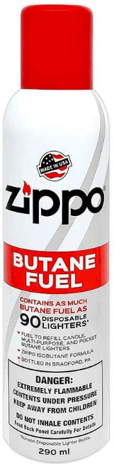 Zippo butane fuel canister with red cap and warning label, 290ml for lighters