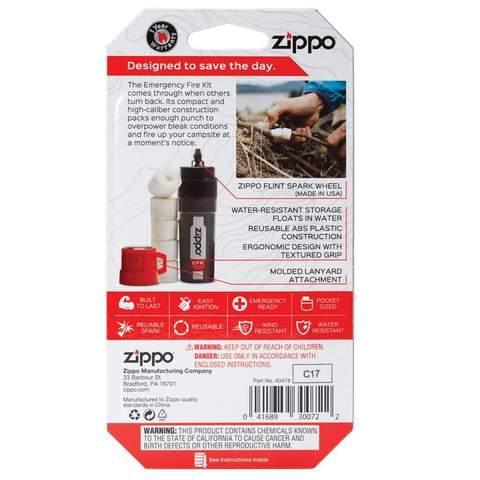 Zippo Emergency Fire Kit in retail packaging with product image and usage instructions