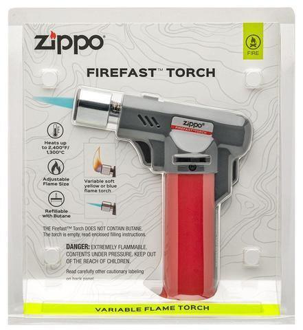 Zippo FireFast torch in retail packaging, red handle, adjustable blue flame, refillable butane