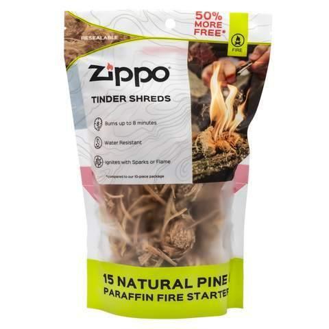 Zippo Tinder Shreds fire starter bag with natural pine paraffin, flame and outdoor setting
